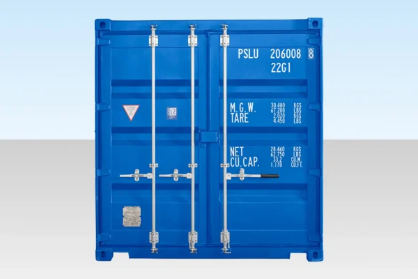 620-sale-20ft-std-one-trip-container-ral5010-front-correct 20ft Self Storage Container with Bamboo Floor – Blue (RAL 5010)